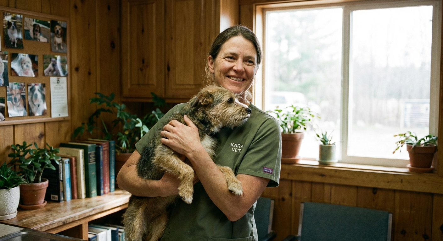 Kyra in a veterinary clinic holding a rescue dog